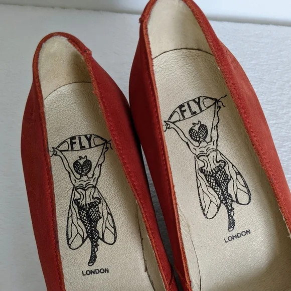 FLY London Suede Peep Toe Beveled Metallic Heel Burnt Orange EU40 9-9.5 NWOB - Picture 7 of 16